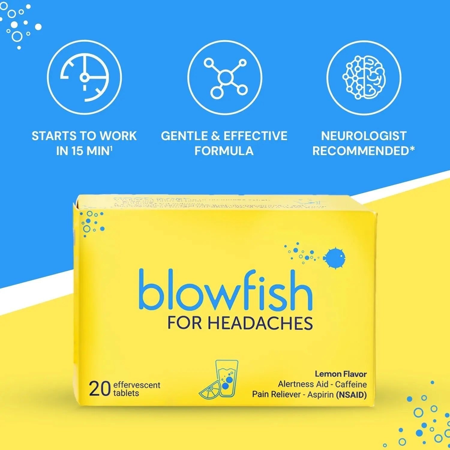Blowfish for Headaches | Maximum Strength Effervescent Pain Relief Tablets – Treats Headaches Fast, 2X Faster Than Pills – Lemon Flavor (2 Pack) - Maple Wellness Supplements