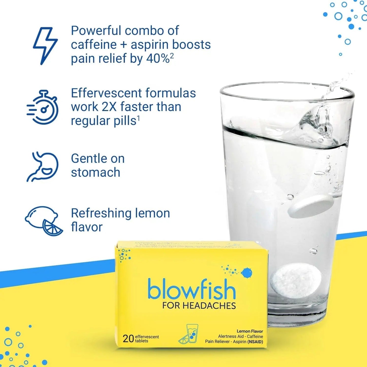 Blowfish for Headaches | Maximum Strength Effervescent Pain Relief Tablets – Treats Headaches Fast, 2X Faster Than Pills – Lemon Flavor (2 Pack) - Maple Wellness Supplements