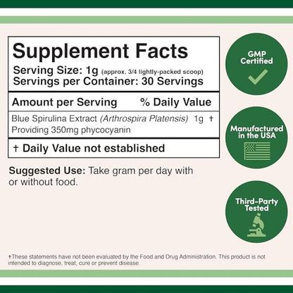 Blue Spirulina Powder - Maximum 35% Phycocyanin Content, Superfood Powder from Blue - Maple Wellness Supplements