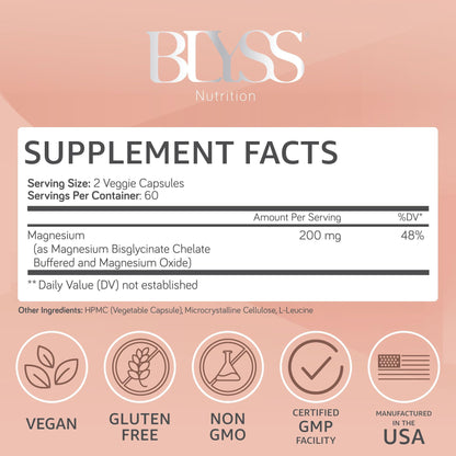 BLYSS Nutrition Magnesium Bisglycinate Capsules for Women - 200mg Chelated Glycinate Magnesium Supplement - Natural Supplements to Support Sleep, - Maple Wellness Supplements