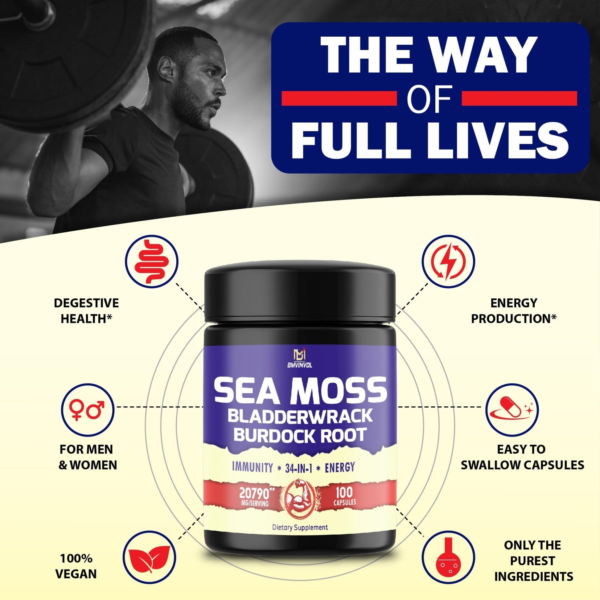 BMVINVOL 100 Capsules - Sea Moss Capsules 20790mg with Bladderwrack, Burdock - Maple Wellness Supplements
