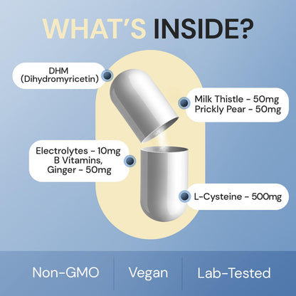 Body C.E.O. After Drinking Aid - Electrolyte Balance & Recovery - DHM (Dihydromyricetin), L-Cysteine, Prickly Pear, Milk Thistle, Zinger, Vitamin-B for Recovery - Filler-Free Formula - 60 Capsules - Maple Wellness Supplements