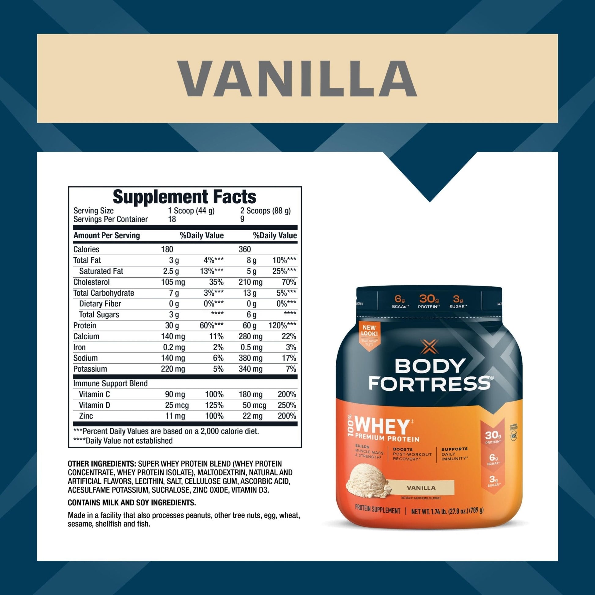 Body Fortress 100% Whey, Premium Protein Powder, Vanilla, 1.74lbs (Packaging May Vary) - Maple Wellness Supplements