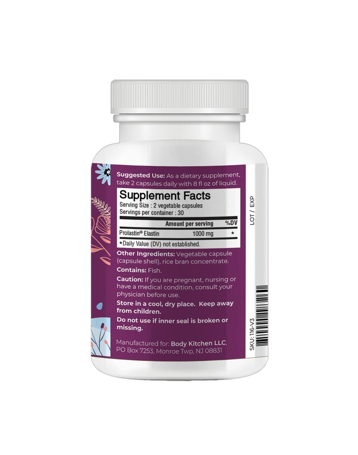 Body Kitchen Pro-Elastin 1000 mg Elastin Supplement, Reduce Signs of Aging, Improved Skin Health, Firmness & Elasticity, Fewer Wrinkles, Veggie Caps (Pack of 3) - Maple Wellness Supplements