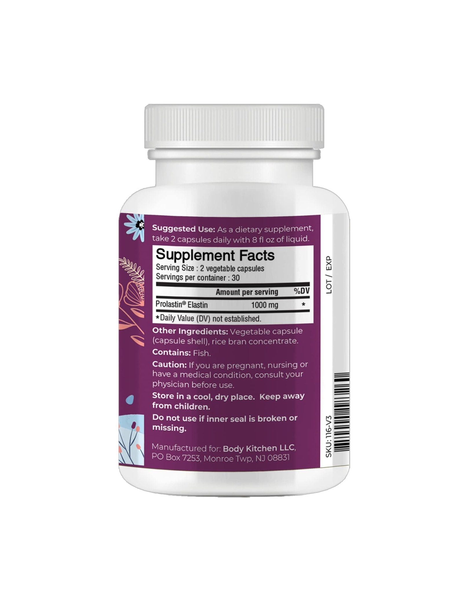 Body Kitchen Pro-Elastin 1000 mg Elastin Supplement, Reduce Signs of Aging, Improved Skin Health, Firmness & Elasticity, Fewer Wrinkles, Veggie Caps (Pack of 3) - Maple Wellness Supplements
