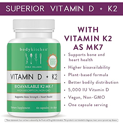 Body Kitchen Vegan Plant-Based Vitamin D3 + K2 (MK7) Supplement, Bone and Heart - Maple Wellness Supplements