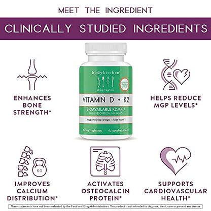 Body Kitchen Vegan Plant-Based Vitamin D3 + K2 (MK7) Supplement, Bone and Heart - Maple Wellness Supplements