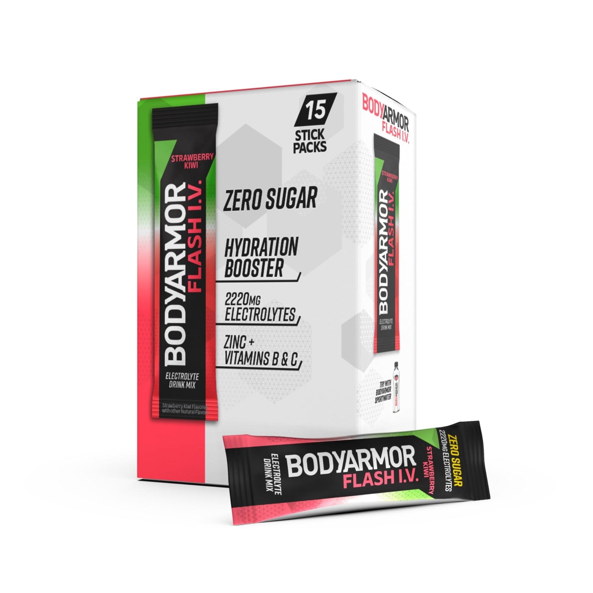 BODYARMOR Flash IV Electrolyte Packets, Strawberry Kiwi - Zero Sugar Drink Mix, Single Serve Packs, Coconut Water Powder (15 Count) - Maple Wellness Supplements