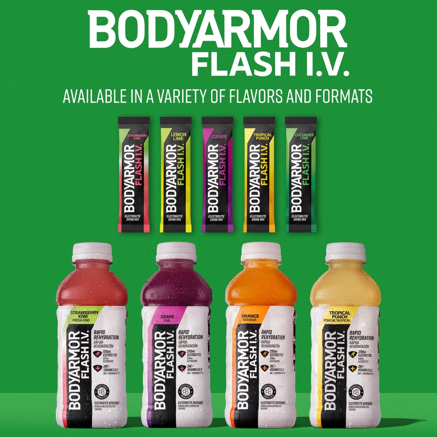 BODYARMOR Flash IV Electrolyte Packets, Strawberry Kiwi - Zero Sugar Drink Mix, Single Serve Packs, Coconut Water Powder (15 Count) - Maple Wellness Supplements