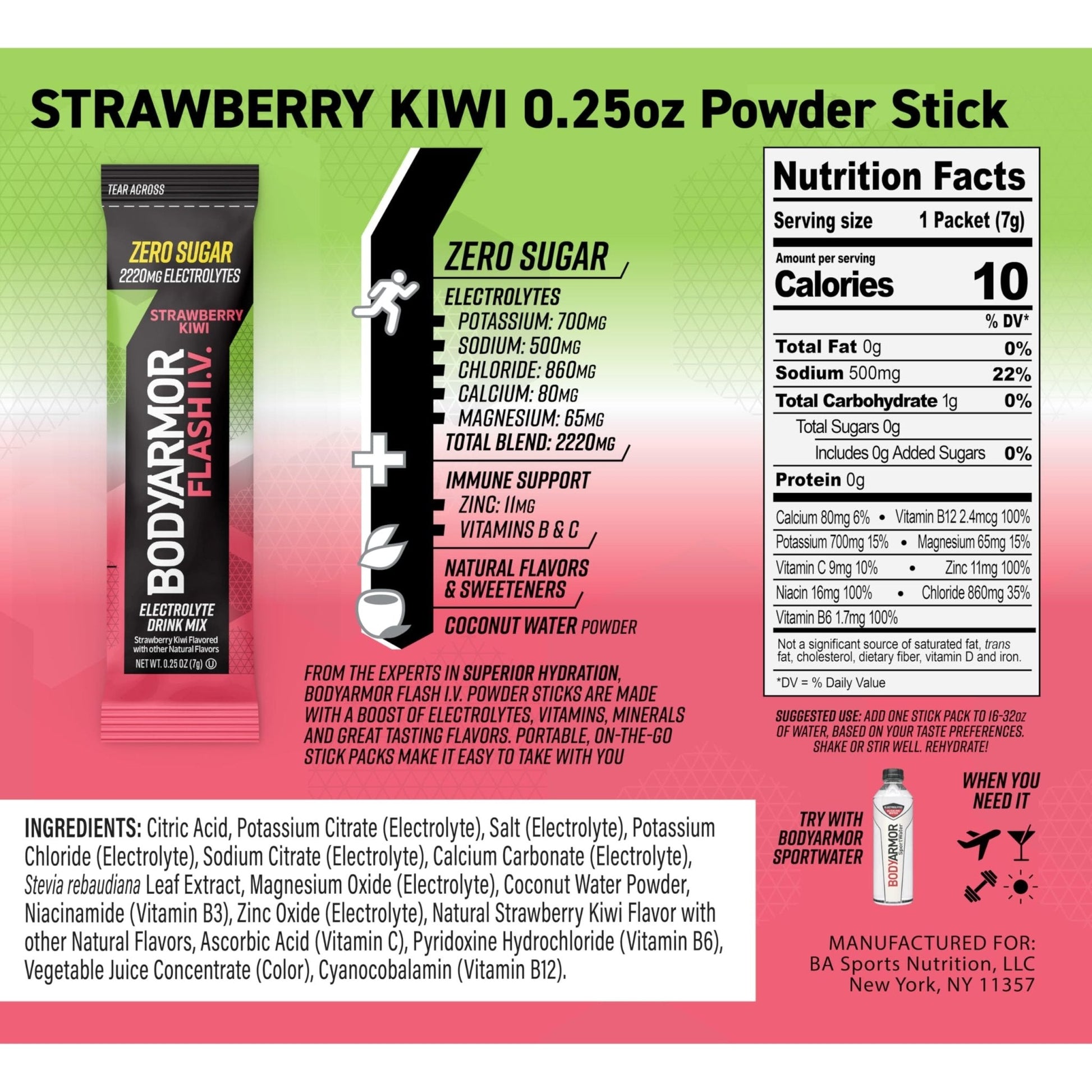 BODYARMOR Flash IV Electrolyte Packets, Strawberry Kiwi - Zero Sugar Drink Mix, Single Serve Packs, Coconut Water Powder (6 Count) - Maple Wellness Supplements