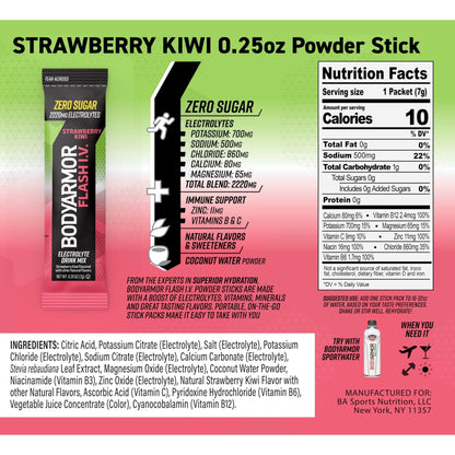 BODYARMOR Flash IV Electrolyte Packets, Strawberry Kiwi - Zero Sugar Drink Mix, Single Serve Packs, Coconut Water Powder (6 Count) - Maple Wellness Supplements