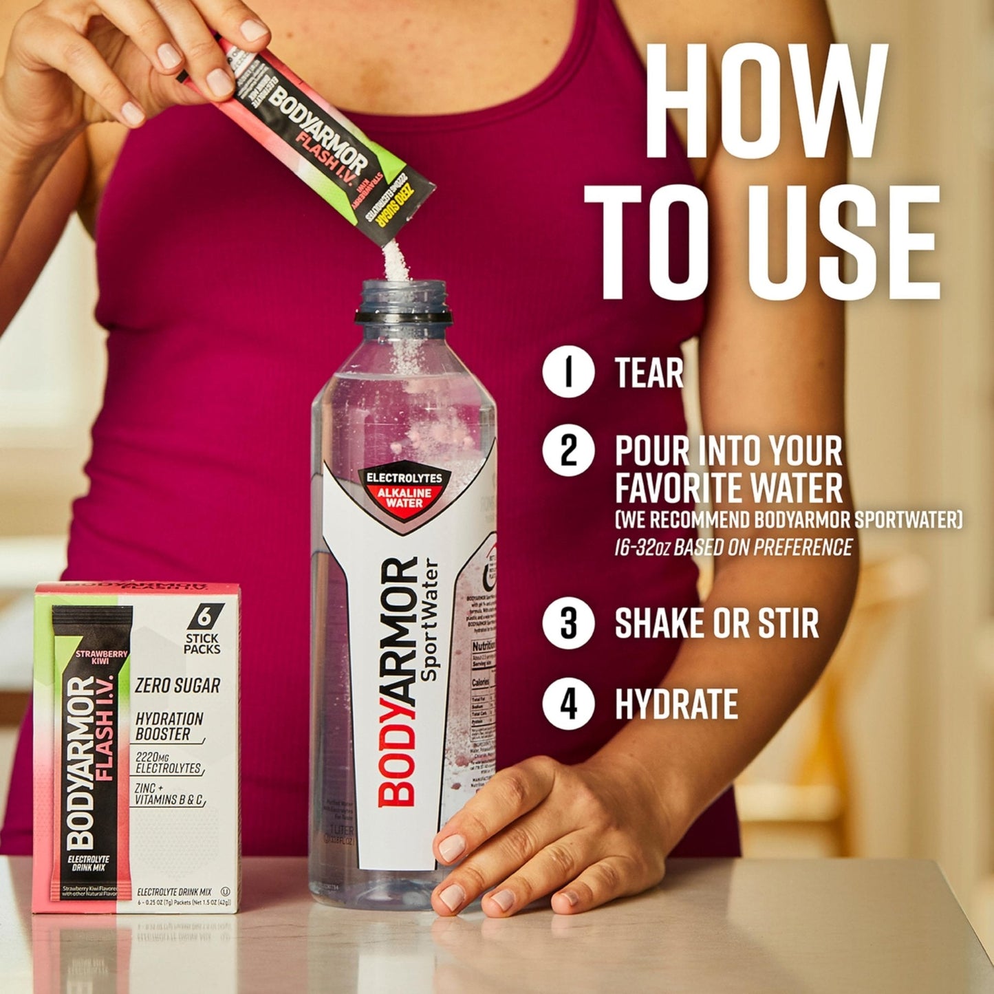 BODYARMOR Flash IV Electrolyte Packets, Strawberry Kiwi - Zero Sugar Drink Mix, Single Serve Packs, Coconut Water Powder (6 Count) - Maple Wellness Supplements