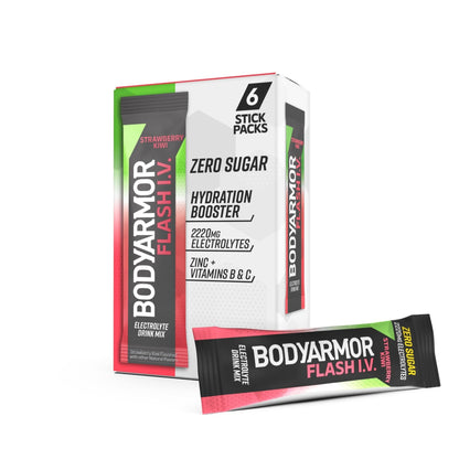 BODYARMOR Flash IV Electrolyte Packets, Strawberry Kiwi - Zero Sugar Drink Mix, Single Serve Packs, Coconut Water Powder (6 Count) - Maple Wellness Supplements