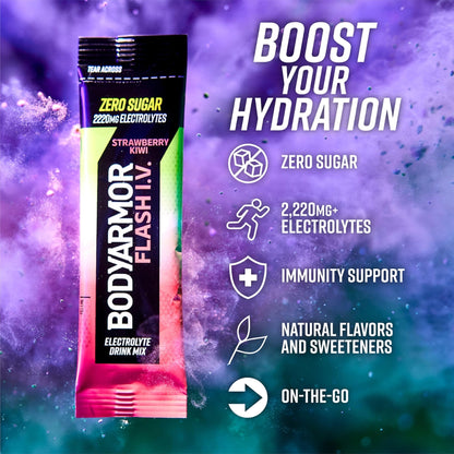 BODYARMOR Flash IV Electrolyte Packets, Strawberry Kiwi - Zero Sugar Drink Mix, Single Serve Packs, Coconut Water Powder (6 Count) - Maple Wellness Supplements
