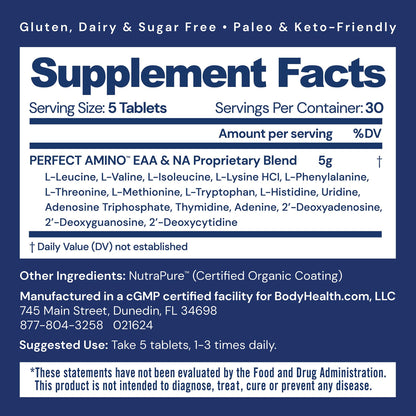 BodyHealth PerfectAmino (150 ct) Easy to Swallow Tablets, Essential Amino Acids Supplement with BCAAs, Vegan Protein for Pre/Post Workout & Muscle Recovery with Lysine, Tryptophan, Leucine, Methionine - Maple Wellness Supplements