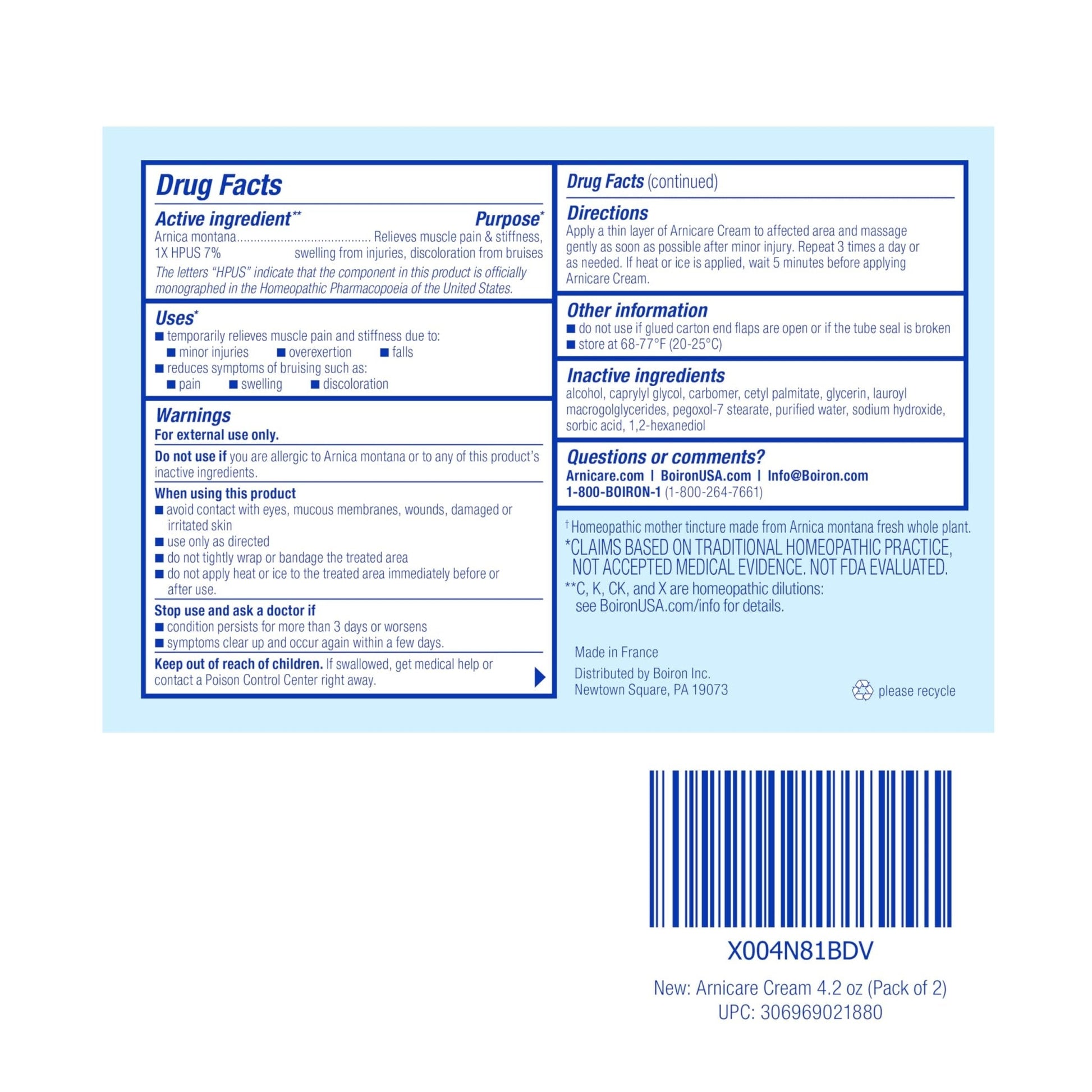 Boiron Arnicare Cream 4.2 oz (Twin Pack) for Joint Pain, Muscle Pain Relief, Swelling, Soreness, Stiffness, and Bruises - Fast Absorbing and Fragrance-Free Arnica - Maple Wellness Supplements