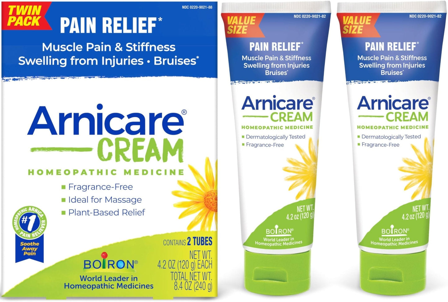 Boiron Arnicare Cream 4.2 oz (Twin Pack) for Joint Pain, Muscle Pain Relief, Swelling, Soreness, Stiffness, and Bruises - Fast Absorbing and Fragrance-Free Arnica - Maple Wellness Supplements