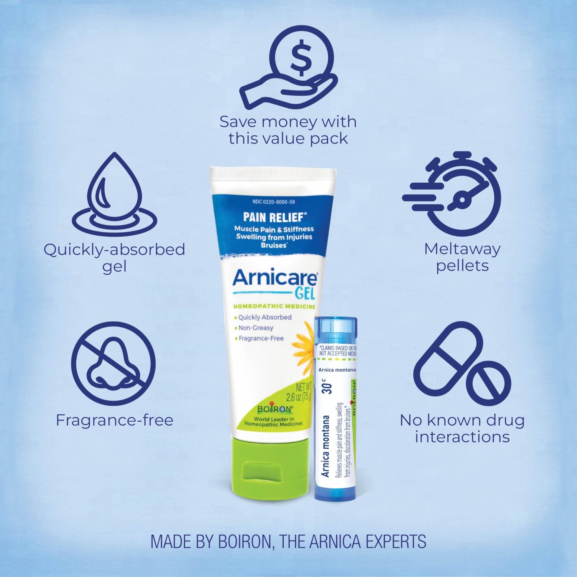 Boiron Arnicare Gel and Arnica 30c Value Pack for Pain Relief, Muscle Soreness, and Swelling from Bruising or Injury - 2.6 oz + 80 Pellet Tube - Maple Wellness Supplements
