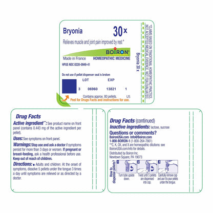 Boiron Bryonia 30X Homeopathic Medicine for Muscle & Joint Pain - 80 Pellets - Maple Wellness Supplements
