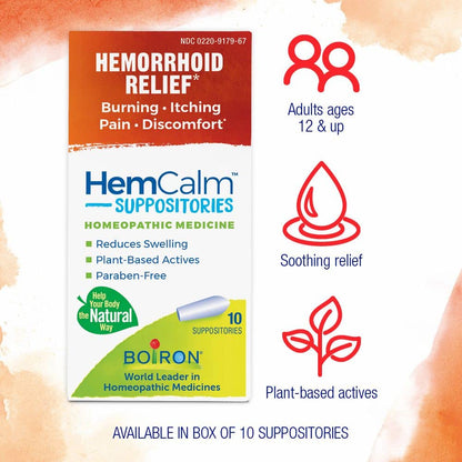 Boiron HemCalm Suppositories for Hemorrhoid Relief of Pain, Itching, Swelling or Discomfort - 10 Count (Pack of 2) - Maple Wellness Supplements