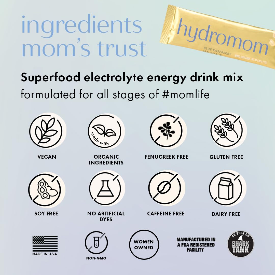 Boobie Hydromom Superfood Electrolyte Drink Mix, Blue Raspberry Lemonade | Refreshing Energy & Hydration Boost for Mamas | On-The-Go & Travel Essentials for Pregnancy, - Maple Wellness Supplements