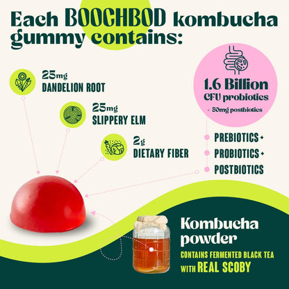 BoochBod - Probiotic Kombucha Gummy - Prebiotics, Probiotics, Postbiotics, Fiber Supplement, Slippery Elm, Dandelion Root - Maple Wellness Supplements
