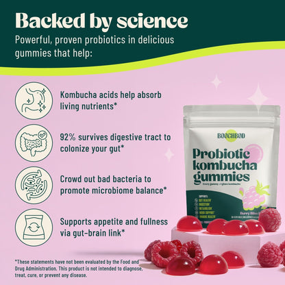 BoochBod - Probiotic Kombucha Gummy - Prebiotics, Probiotics, Postbiotics, Fiber Supplement, Slippery Elm, Dandelion Root - Maple Wellness Supplements