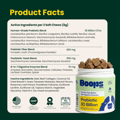 Boops Pets Probiotics for Dogs – 30 Billion CFU with Pre, Postbiotics & Digestive Enzymes – Supports Gut Health, Immunity, Loose Stools & Allergies – Filet Mignon Flavor – Vet Formulated – 60 Chews - Maple Wellness Supplements