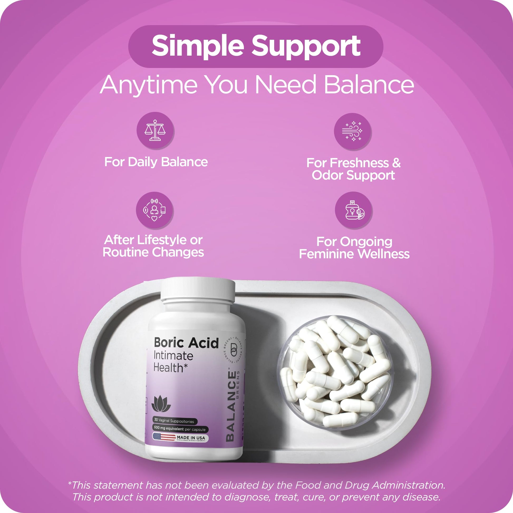 Boric Acid Suppositories for Women, 600 mg, 30 Vaginal Use Capsules - pH Balance Pills, Intimate Health Support, Yeast Infection Treatment, Made in USA (Pack of 1) - Maple Wellness Supplements