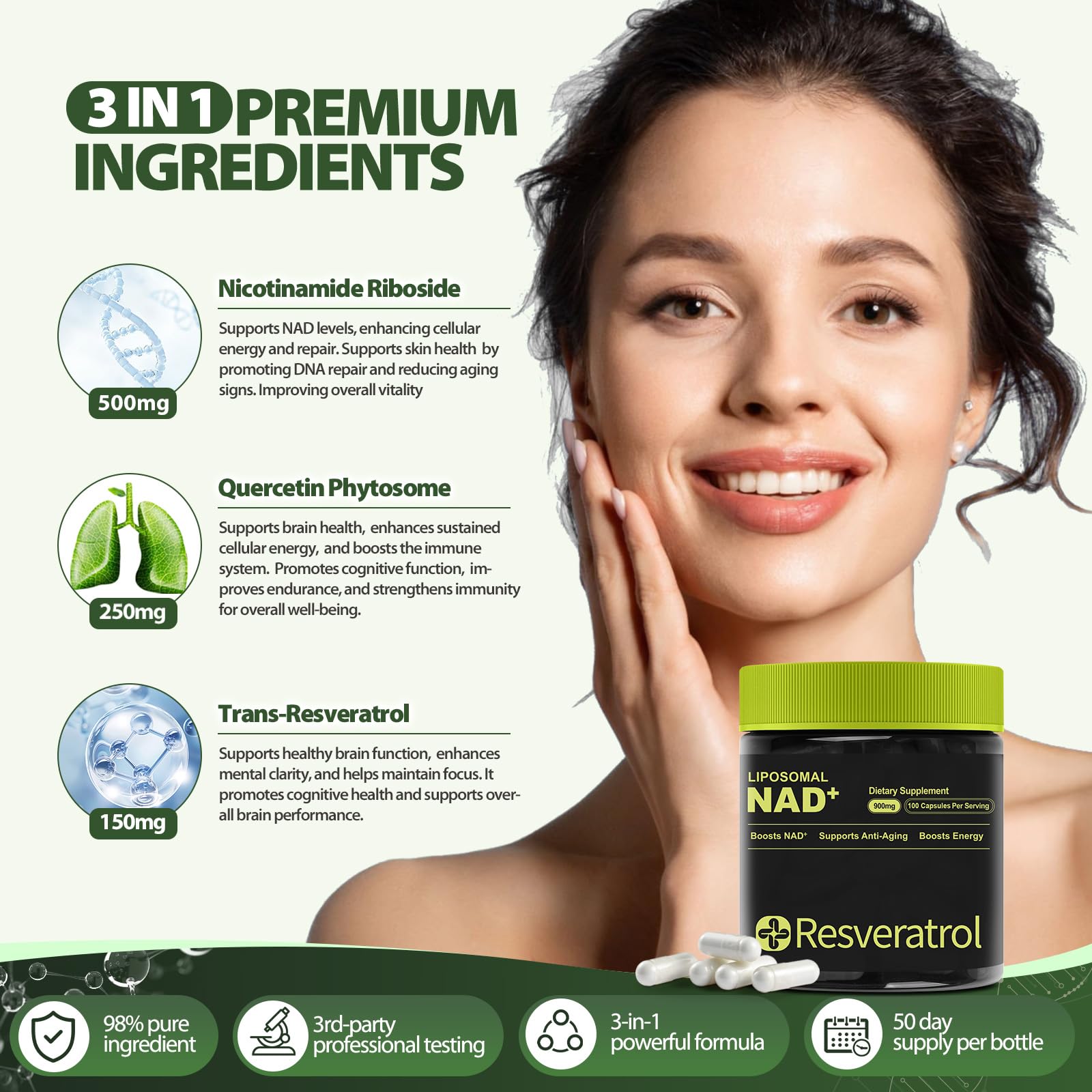 BOSNETHUINH NAD+ Supplement, NAD Nicotinamide Riboside Resveratrol, Liposomal NAD - NMNH Supplement Alternative for Anti-Aging, Mental Clarity & Cellular Energy 100 Capsules - Maple Wellness Supplements
