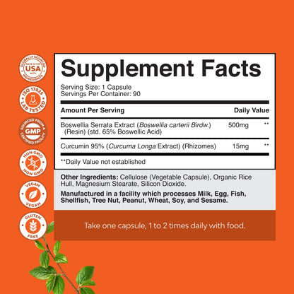 Boswellia Extract Capsules with Turmeric - Advanced Immune Health Support Supplement - Turmeric & Boswellia Serrata Capsules 500mg per Serving for Body Detox & Healthy Joints - 90 Count - Maple Wellness Supplements