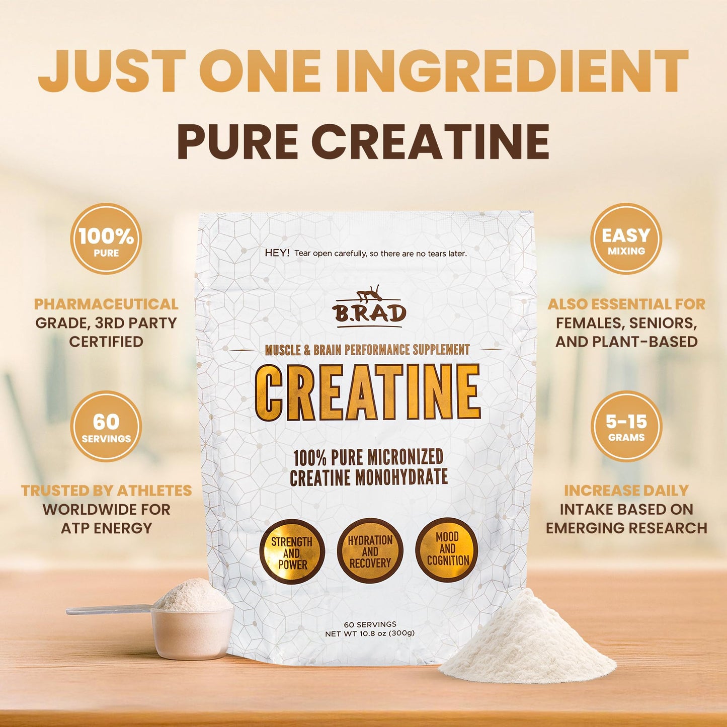 B.rad 100% Pure Micronized Creatine Monohydrate Powder | Natural, No Additives | Boosts Muscle Strength, Recovery & Performance | Supports Brain Health | 300g, 60 Servings - Maple Wellness Supplements