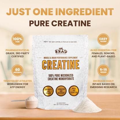 B.rad 100% Pure Micronized Creatine Monohydrate Powder | Natural, No Additives | Boosts Muscle Strength, Recovery & Performance | Supports Brain Health | 300g, 60 Servings - Maple Wellness Supplements