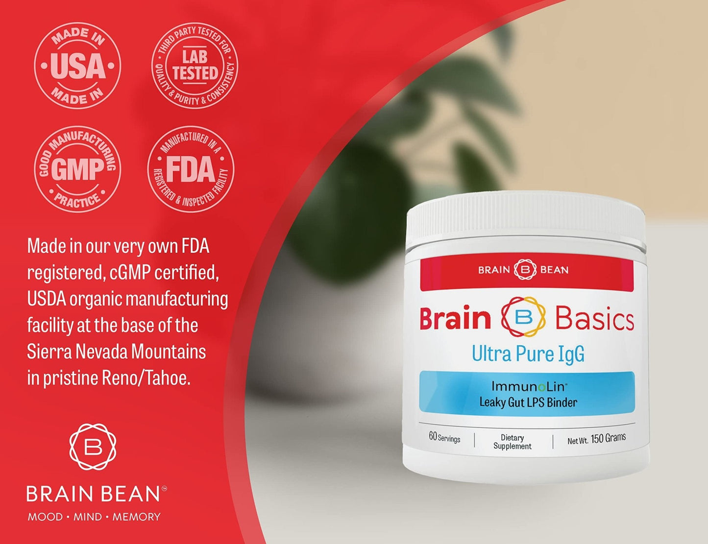 Brain Basics Ultra Pure IgG Supplement - Dairy-Free Supplement IgG-Immunolin Powder, Blended Vitamin & Mineral Supplements, 150g, 60 Servings - Maple Wellness Supplements