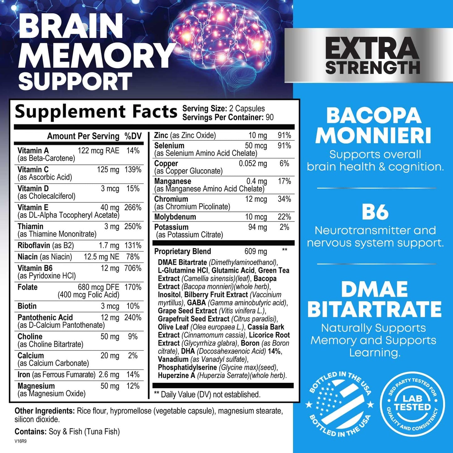Brain Memory Supplement Pills - 3X Strength Nootropics for Concentration, Clarity & Focus Support - Brain Health Cognitive Vitamins with Bacopa, Phosphatidylserine & DMAE, Brain Booster - 180 Capsules - Maple Wellness Supplements