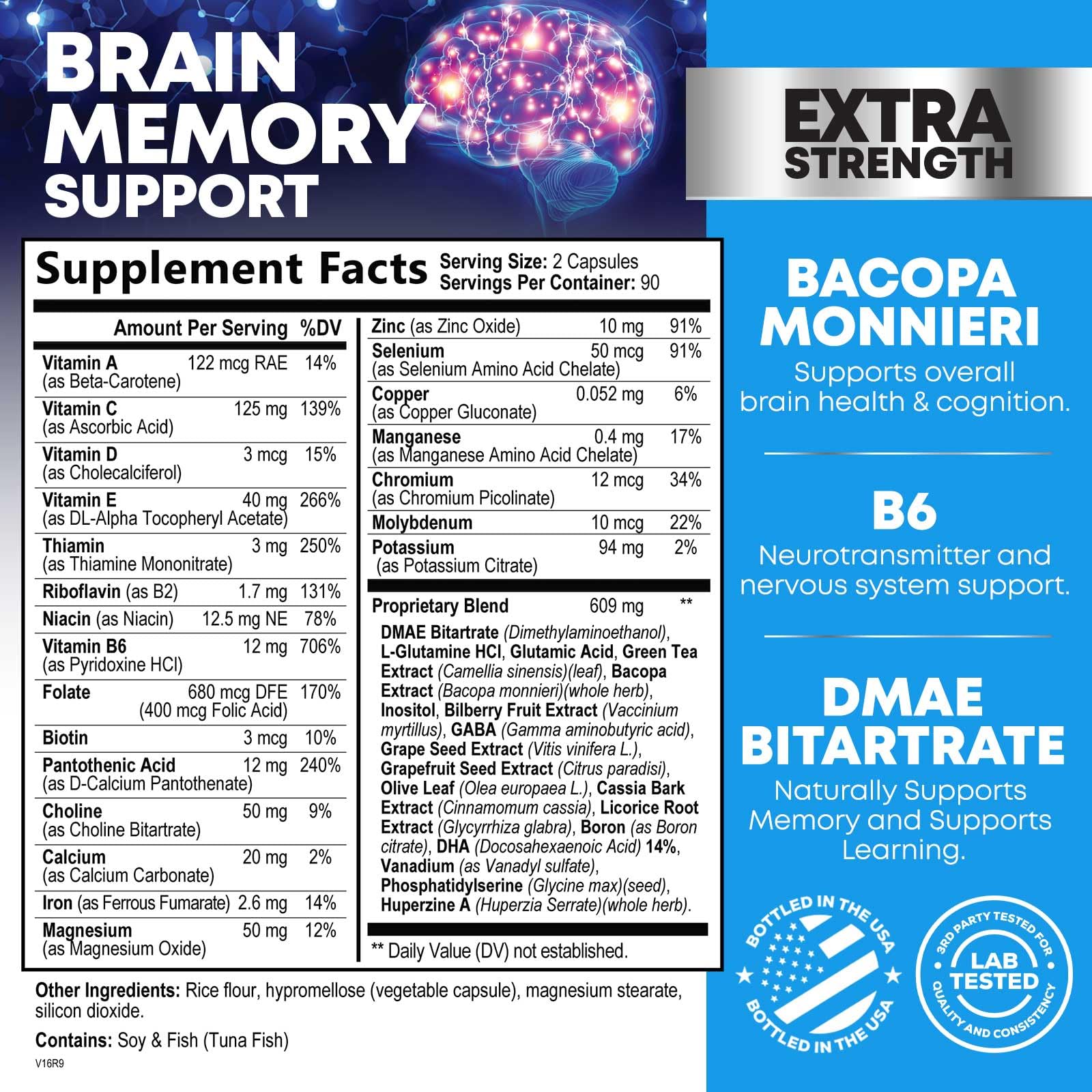 Brain Memory Supplement Pills - 3X Strength Nootropics for Concentration, Clarity & Focus Support - Brain Health Cognitive Vitamins with Bacopa, Phosphatidylserine & DMAE, Brain Booster - 180 Capsules - Maple Wellness Supplements