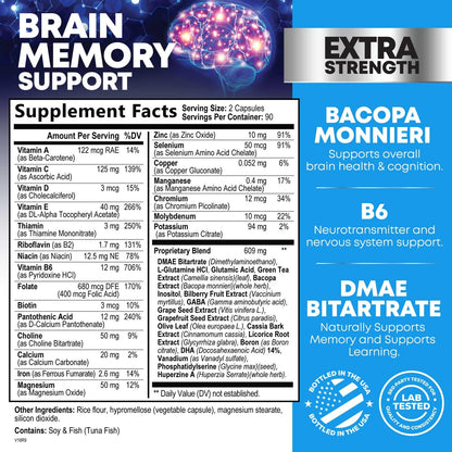 Brain Memory Supplement Pills - 3X Strength Nootropics for Concentration, Clarity & Focus Support - Brain Health Cognitive Vitamins with Bacopa, Phosphatidylserine & DMAE, Brain Booster - 180 Capsules - Maple Wellness Supplements