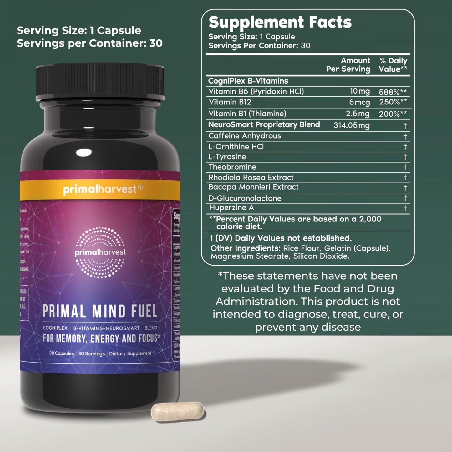 Brain Supplement by Primal Harvest, Primal Mind Fuel Brain Booster for Focus, Energy, Clarity, and Brain Health 30 Capsules Nootropics Brain Support Supplement for Men and Women - Maple Wellness Supplements