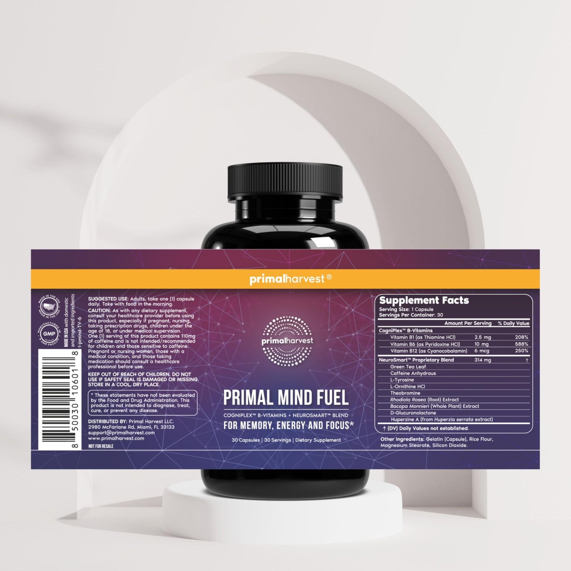 Brain Supplement by Primal Harvest, Primal Mind Fuel Brain Booster for Focus, Energy, Clarity, and Brain Health 30 Capsules Nootropics Brain Support Supplement for Men and Women - Maple Wellness Supplements
