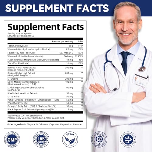 Brain Supplements for Memory and Focus | Nootropic with Bacopa Monnieri, Lion's Mane, Alpha GPC, Ginkgo Biloba | Mental Clarity & Cognitive Support | Vitamin B6 & B12 Neuro Health - Non-GMO, 120 Caps - Maple Wellness Supplements
