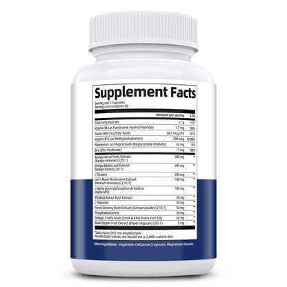 Brain Supplements for Memory and Focus | Nootropic with Bacopa Monnieri, Lion's Mane, Alpha GPC, Ginkgo Biloba | Mental Clarity & Cognitive Support | Vitamin B6 & B12 Neuro Health - Non-GMO, 120 Caps - Maple Wellness Supplements