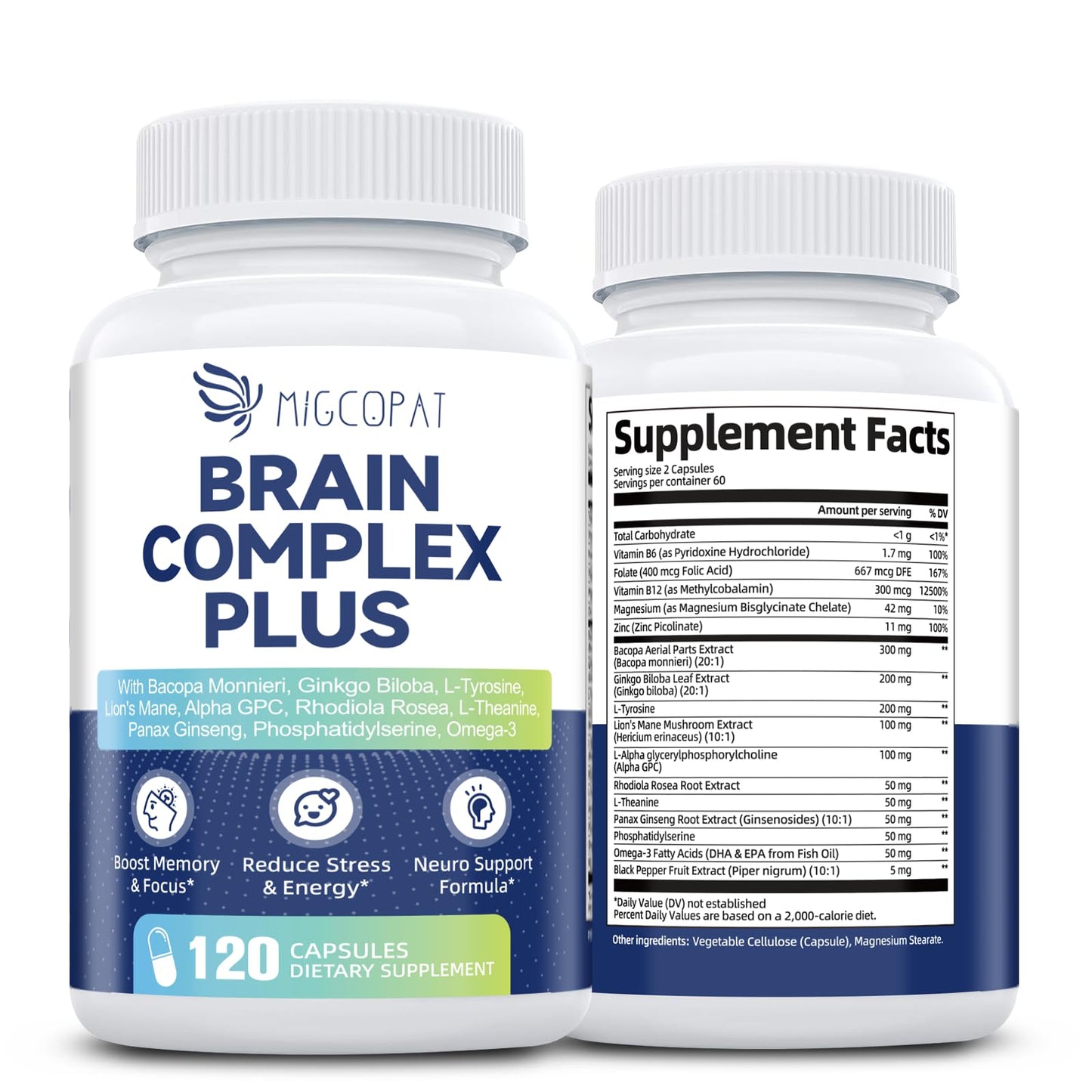 Brain Supplements for Memory and Focus | Nootropic with Bacopa Monnieri, Lion's Mane, Alpha GPC, Ginkgo Biloba | Mental Clarity & Cognitive Support | Vitamin B6 & B12 Neuro Health - Non-GMO, 120 Caps - Maple Wellness Supplements