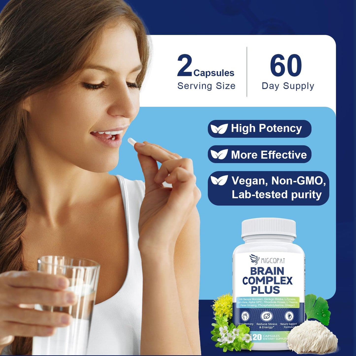 Brain Supplements for Memory and Focus | Nootropic with Bacopa Monnieri, Lion's Mane, Alpha GPC, Ginkgo Biloba | Mental Clarity & Cognitive Support | Vitamin B6 & B12 Neuro Health - Non-GMO, 120 Caps - Maple Wellness Supplements