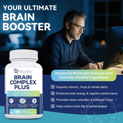 Brain Supplements for Memory and Focus | Nootropic with Bacopa Monnieri, Lion's Mane, Alpha GPC, Ginkgo Biloba | Mental Clarity & Cognitive Support | Vitamin B6 & B12 Neuro Health - Non-GMO, 120 Caps - Maple Wellness Supplements