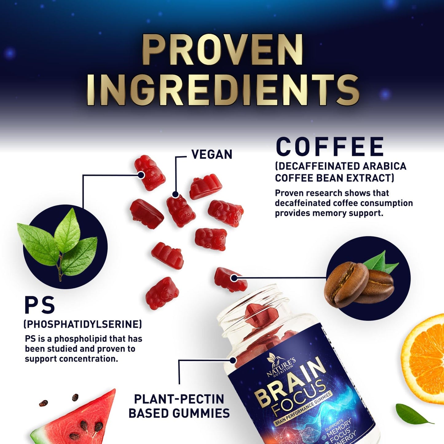 Brain Supplements for Memory and Focus with Phosphatidylserine, Nootropic Memory Supplement Gummy for Brain Health, Concentration, Mental & Cognitive Support, Focus Vitamins with B6 & B12-60 Gummies - Maple Wellness Supplements