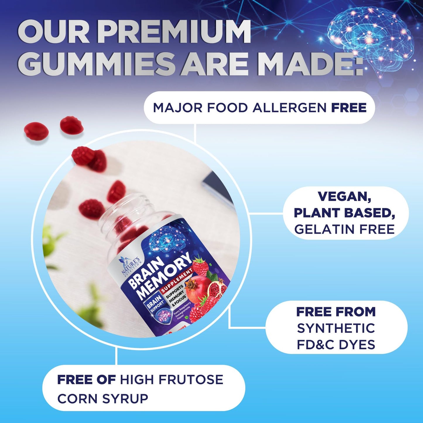 Brain Supplements for Memory & Focus Gummies - Brain Health Clarity with B6 B12 & Phosphatidylserine - Natural Nootropics Cognitive Concentration & Alertness Support Vitamins - 60 Vegan Gummies - Maple Wellness Supplements