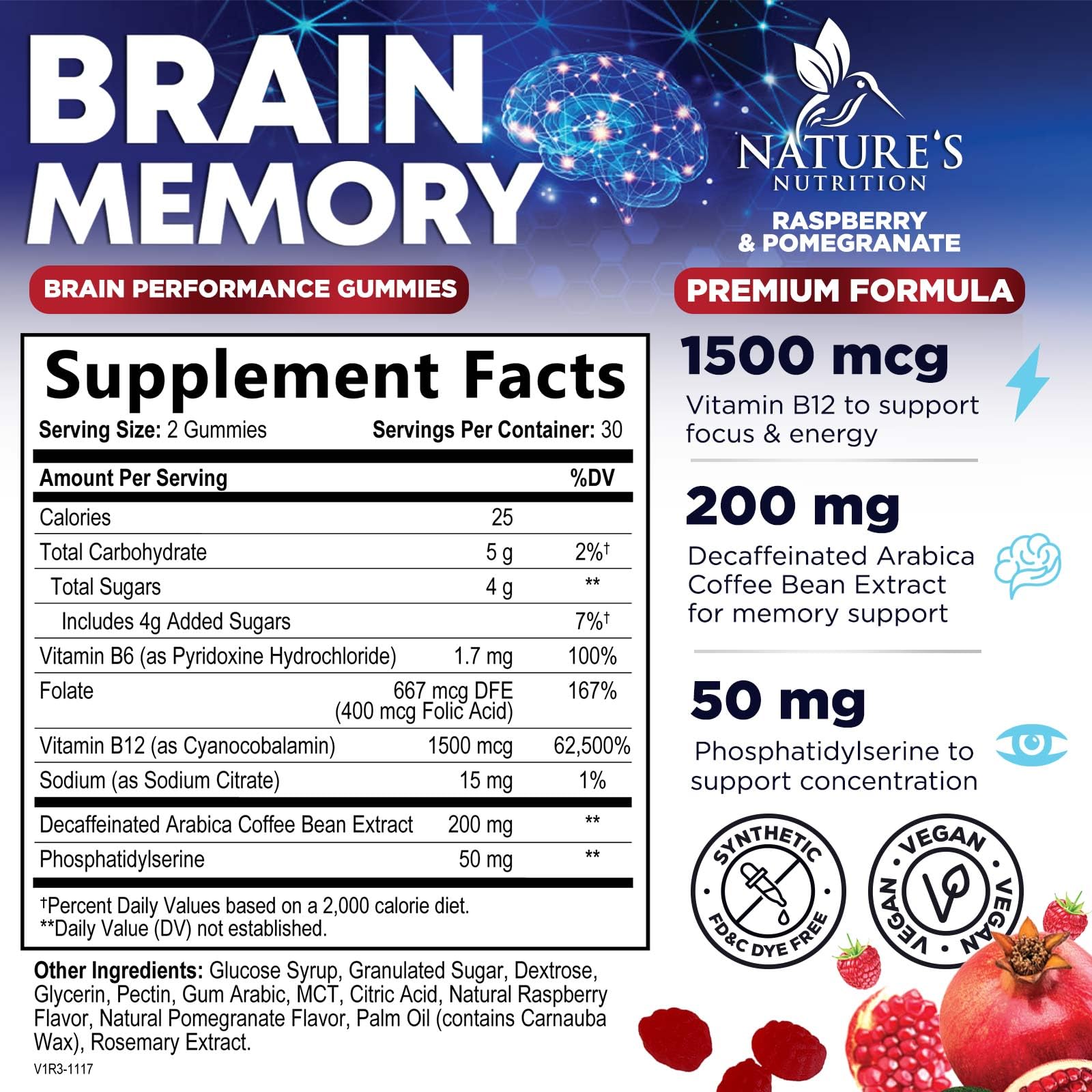 Brain Supplements for Memory & Focus Gummies - Brain Health Clarity with B6 B12 & Phosphatidylserine - Natural Nootropics Cognitive Concentration & Alertness Support Vitamins - 60 Vegan Gummies - Maple Wellness Supplements