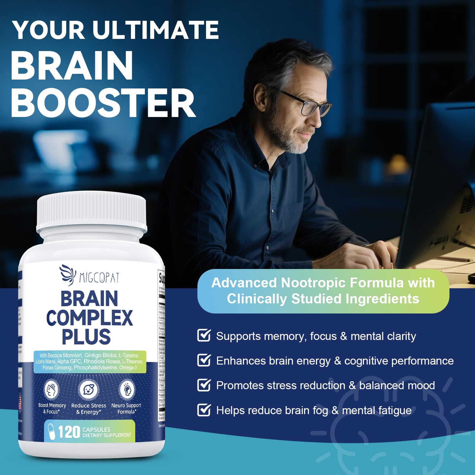 Brain Supplements for Memory & Focus - Nootropic with Bacopa Monnieri, Lion's Mane, Alpha GPC, Phosphatidylserine | Supports Mental Clarity & Cognitive Function | Vitamin B6 & B12-120 Capsules - Maple Wellness Supplements