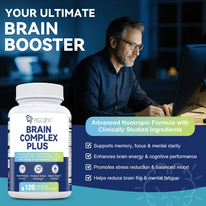 Brain Supplements for Memory & Focus - Nootropic with Bacopa Monnieri, Lion's Mane, Alpha GPC, Phosphatidylserine | Supports Mental Clarity & Cognitive Function | Vitamin B6 & B12-120 Capsules - Maple Wellness Supplements