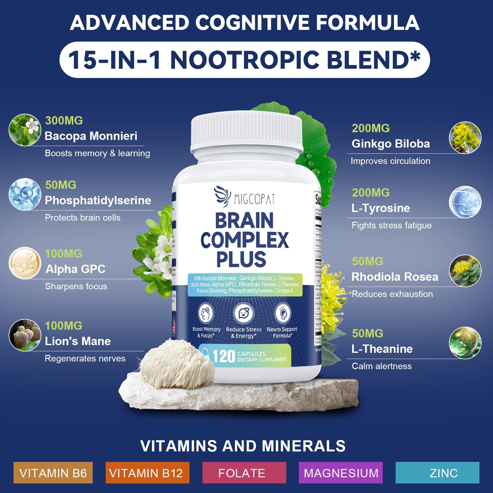 Brain Supplements for Memory & Focus - Nootropic with Bacopa Monnieri, Lion's Mane, Alpha GPC, Phosphatidylserine | Supports Mental Clarity & Cognitive Function | Vitamin B6 & B12-120 Capsules - Maple Wellness Supplements